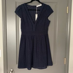 Navy Blue Short Sleeve Eyelet Dress